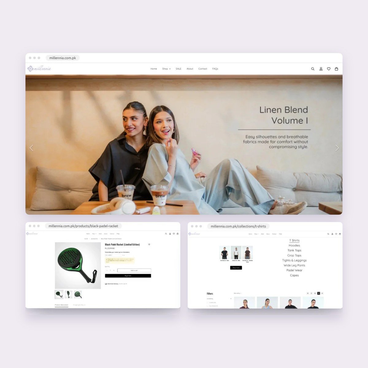 Millennia Shopify activewear store: homepage, product page and collection page designed by Lushah Digital