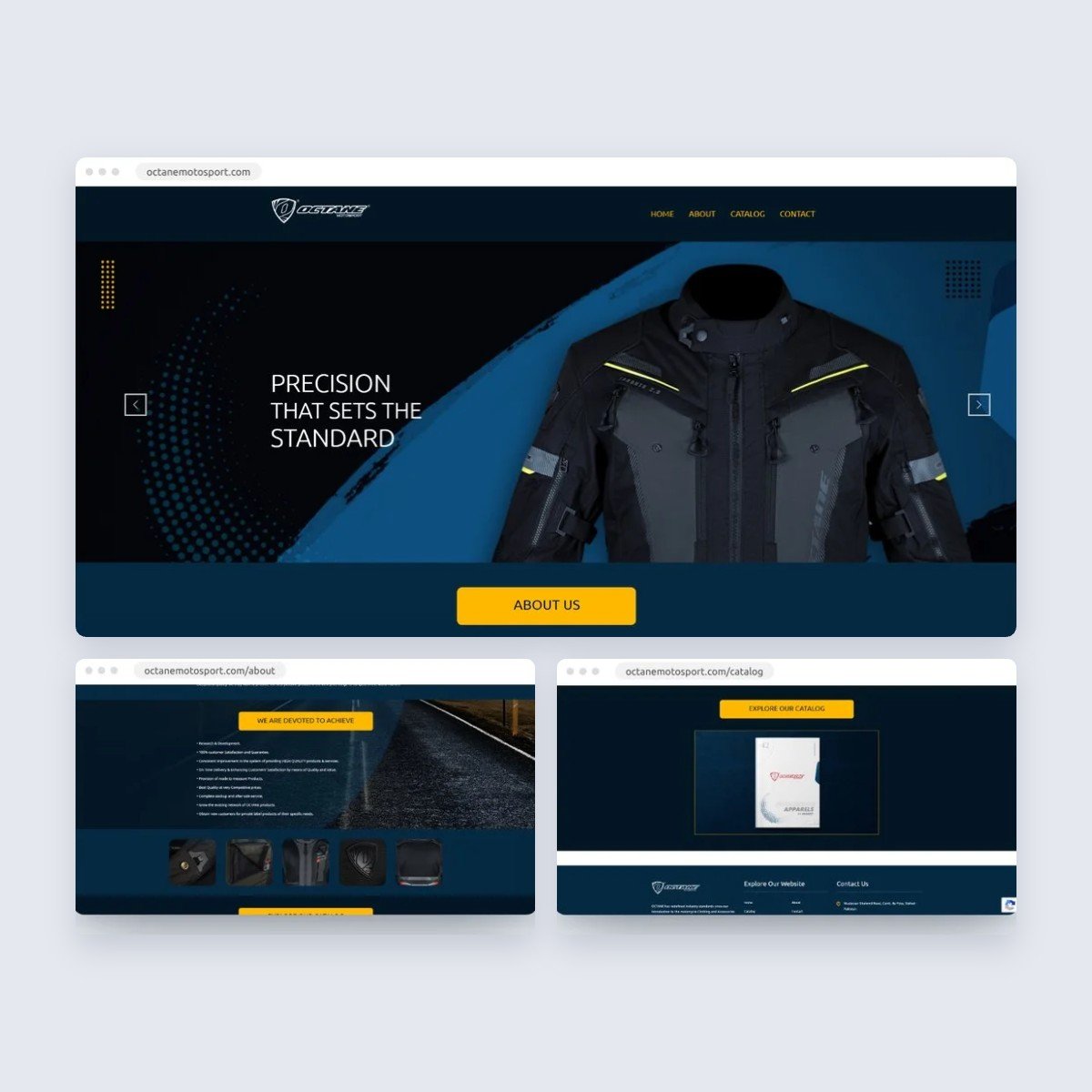 Octane Motosport WordPress website: homepage, about section and catalog page built by Lushah Digital
