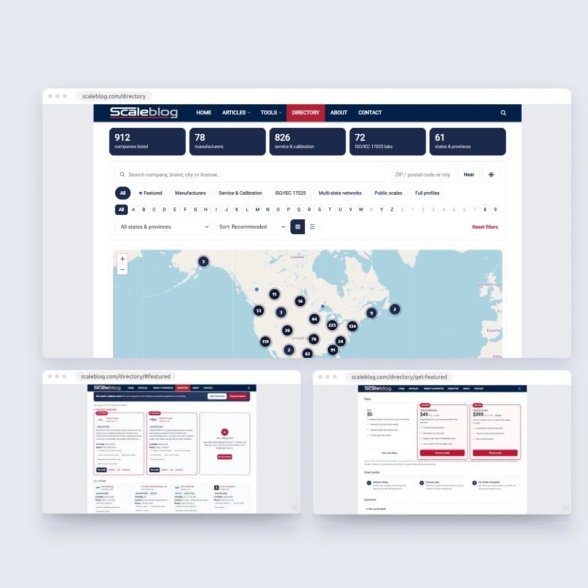 ScaleBlog Directory WordPress build: searchable map directory, featured listings and plans page by Lushah Digital