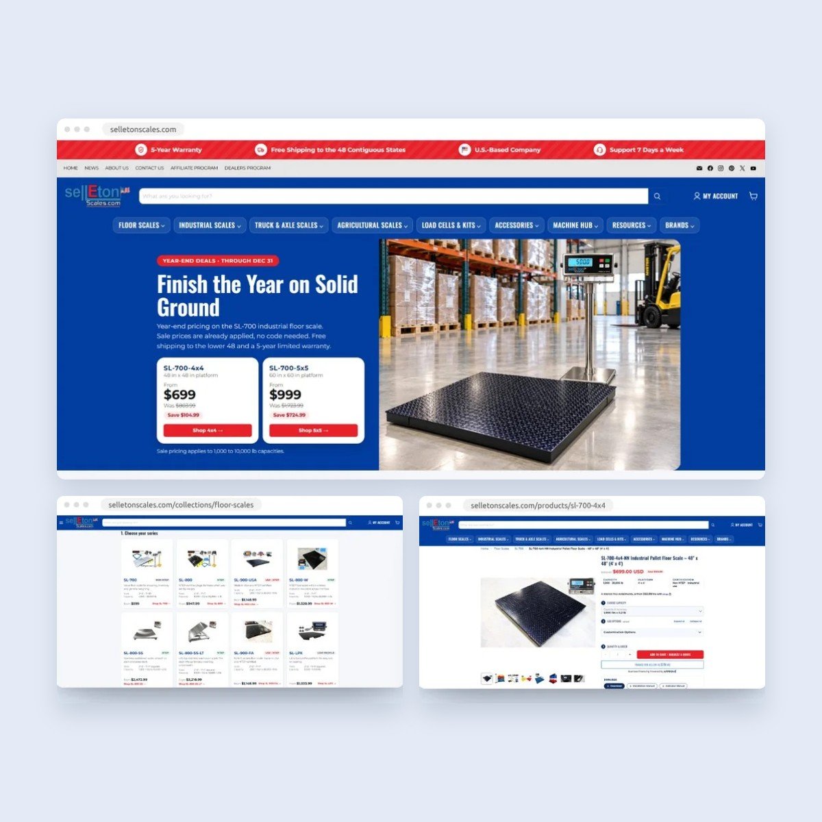 SellEton Scales Shopify store: homepage, floor scale series and product page designed by Lushah Digital