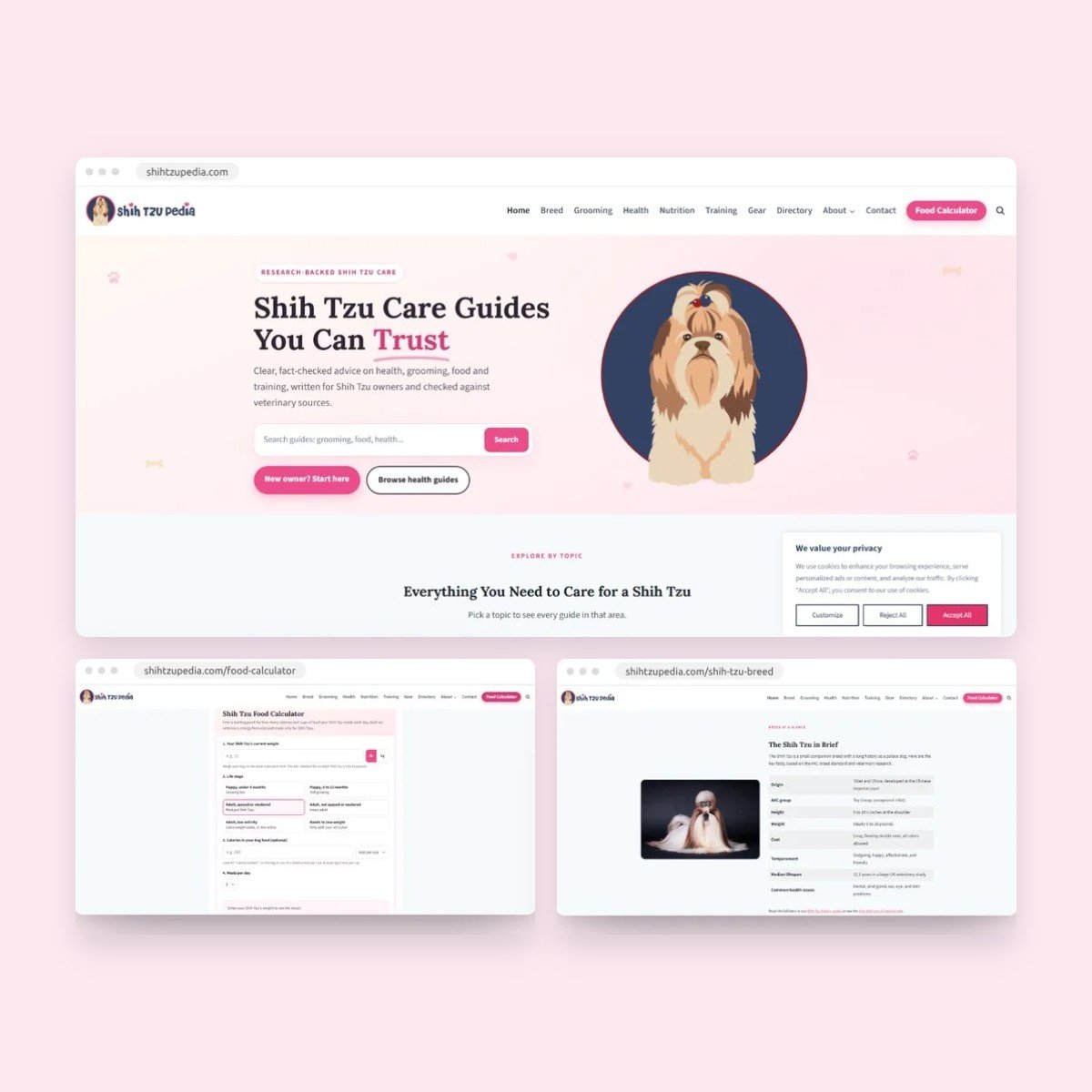 Shih Tzu Pedia WordPress site: homepage, food calculator and breed guide built by Lushah Digital
